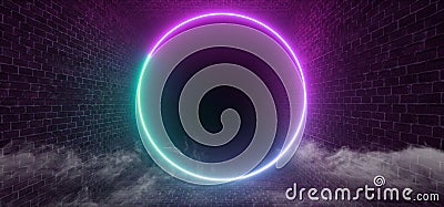 Smoke Neon Retro Club Neon Fluorescent Purple Blue Brick Walls Stage Fashion Dance Modern Sci Fi Futuristic Circle Shape Beam Stock Photo