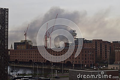 Smoke plumes above Liverpool city centre from huge fire Editorial Stock Photo