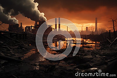 Smoke Pouring Out of Factory, Industrial Pollution, Environmental Impact, Manufacturing Process, industrial landscape with heavy Stock Photo