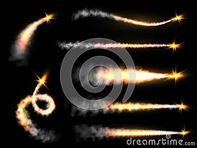 Smoke rocket. Smoke jets trailing, fiery foggy trails jet airplane. Missile, shuttle or spaceship strait and curve Vector Illustration