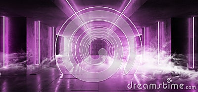 Smoke Sci Fi Cirlce Track Path Neon Cyber Futuristic Modern Retro Alien Dance Club Glowing Purple Pink Lights In Dark Empty Grunge Stock Photo