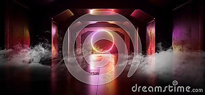 Smoke Sci Fi Future Neon Purple Red Orange Glowing Circle Shape Empty Dark Spaceship Tunnel Underground Vibrant Lasers Shape Stock Photo