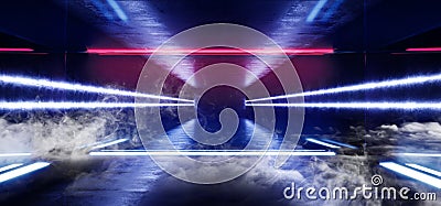 Smoke Sci Fi Futuristic Alien Retro Virtual Reality Neon Glowing Fluorescent Purple Blue Vibrant Line Lights In Refelctive Grunge Stock Photo