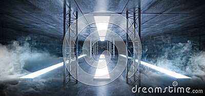 Smoke Sci Fi Futuristic Concrete Grunge Reflective Spaceship Led Laser Panel Stage Metal Structure Lights Long Hall Room Corridor Stock Photo