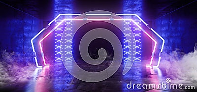 Smoke Sci Fi Futuristic Neon Gate Led Laser Glowing Modern Elegant Empty Dark Vibrant Purple Blue Glowing Stage Podium Lights On Stock Photo