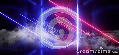 Smoke Sci Fi Futuristic Stage Neon Lights Laser Purple Blue Glowing Modern Retro Elegant Spaceship Club Night Dark Garage Stock Photo