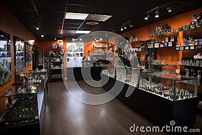 smoke shop, with a variety of vaporizers, pipes, and bongs on display Stock Photo