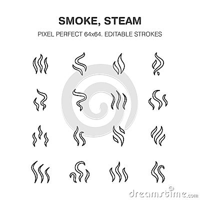 Smoke, steam flat line icons. Fumes shapes, aroma smell, heat illustrations. Evaporation signs. Pixel perfect 64x64 Vector Illustration
