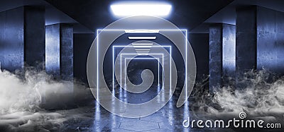 Smoke Steam Fog Reflective Glowing Alien Spaceship Sci Fi Futuristic Room Hall Corridor Hall Windows Light Ultraviolet Blue White Stock Photo