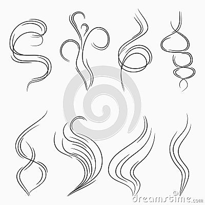 Smoke and steam stream lines. Smell and aroma abstract sign. Cigarette smoke or vapor flow. Vector. Vector Illustration