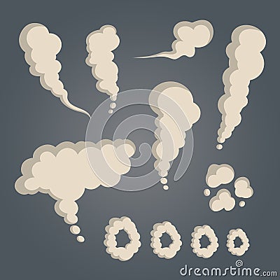 Smoke and steam white silhouettes. Set of special effects template. Clipart element for game, print, advertising, menu and web des Vector Illustration