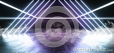 Smoke Virtual Triangle Neon Lights Beam Lasers Sci Fi Concrete Glowing Purple Blue Retro Elegant Refelctive Concrete Empty Dark Stock Photo