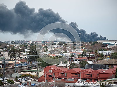 Smoke from a warehouse fire that occurred in West Footscray. Melbourne, VIC Australia. Editorial Stock Photo