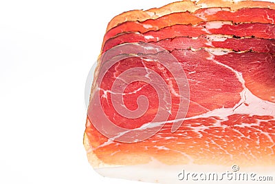 Smoked bacon sliced pieces on white Stock Photo