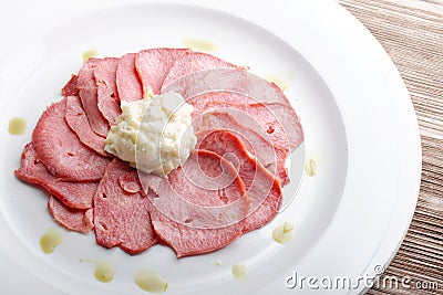 Smoked Beef Tongue with horseradish Stock Photo