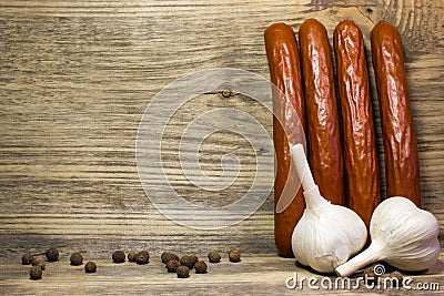 Smoked beer sausage with garlic Stock Photo