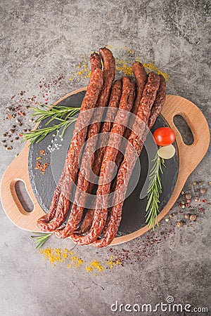 Smoked beer sausages - top view Stock Photo