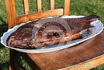 Smoked carp on a white plate. Stock Photo