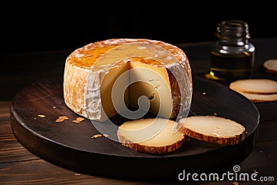 smoked cheese round with a rind visible on a table Stock Photo