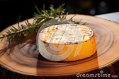 smoked cheese round on a wooden board Stock Photo