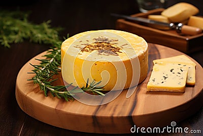 smoked cheese round on a wooden board Stock Photo