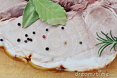 Smoked cured leg ham slice with spices Stock Photo