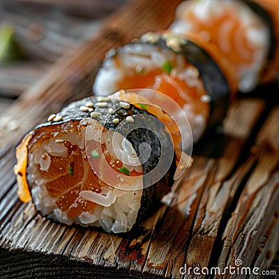 Smoked Eel Sushi Roll, Nori Maki, Norimaki or Futomaki with Unagi with Salmon, Pickled Daikon Stock Photo