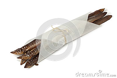 Smoked eels wrapped in paper Stock Photo