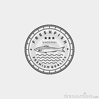 Smoked grilled fish restaurant line art logo template vector illustration design. linear anchovy, tuna, salmon, mackerel badge Vector Illustration