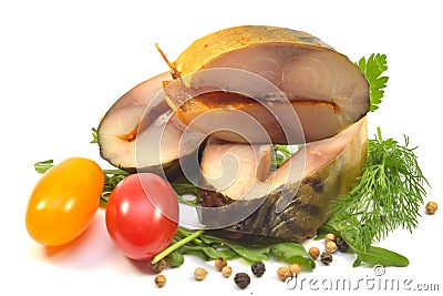 Smoked Mackerel Slices With Herbs and Tomatoes Stock Photo