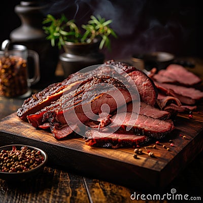 Smoked meat on a wooden board Stock Photo