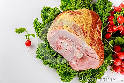 Smoked and presliced pork ham decorated with fresh radish Stock Photo
