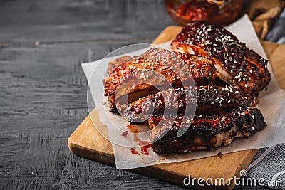 Smoked Roasted pork ribs. Barbeque spicy ribs. Traditional american BBQ food Stock Photo
