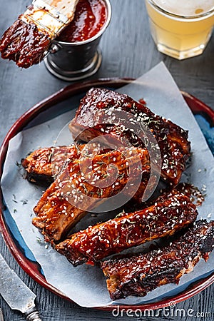 Smoked Roasted pork ribs. Barbeque spicy ribs. Traditional american BBQ food Stock Photo