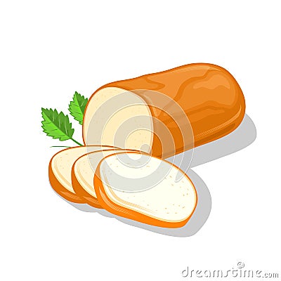 Smoked round cheese cutted to slices garnish with greenery. Ricotta, rauchkase, bavarian. Vector Illustration