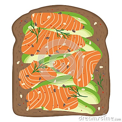 Smoked salmon and avocado on dark rye toast bread. Delicious avocado and lox sandwich. Vector illustration. Vector Illustration