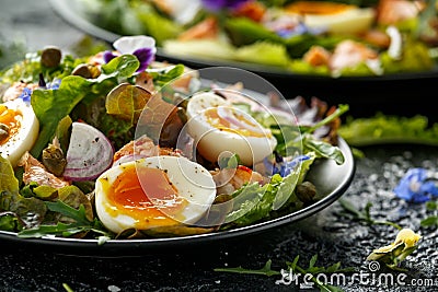 Smoked salmon and jammy soft-boiled free range egg and capers salad with edible borage and pansy flowers Stock Photo