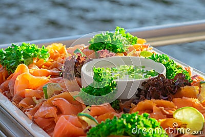 Smoked salmon salad catering cruise boat Stock Photo