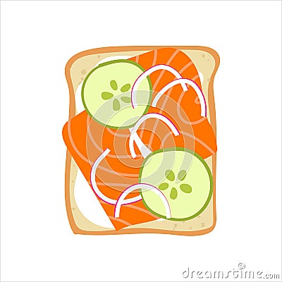 Smoked salmon on toast. Flat hand drawn breakfast illustration of sandwich with lox, cucumber and onion. Vector Illustration