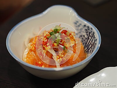 Smoked salmon zap salad in white bowl Stock Photo