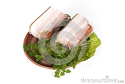 Smoked salted bacon with greens. On a white background Stock Photo