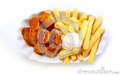 Smoked sausage and golden French fries Stock Photo