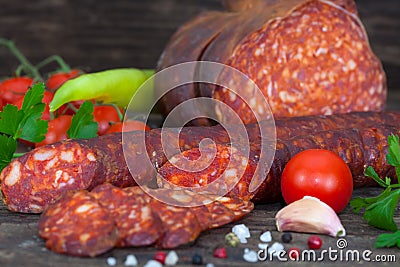 Smoked sausage and salami Stock Photo