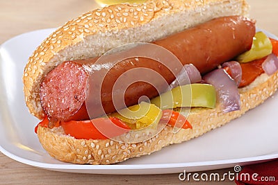 Smoked Sausage on a Sesameseed Bun Stock Photo