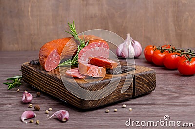 Smoked sausage with spices Stock Photo