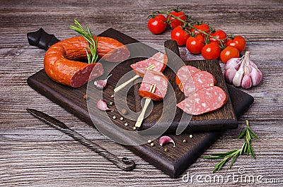Smoked sausage with spices Stock Photo