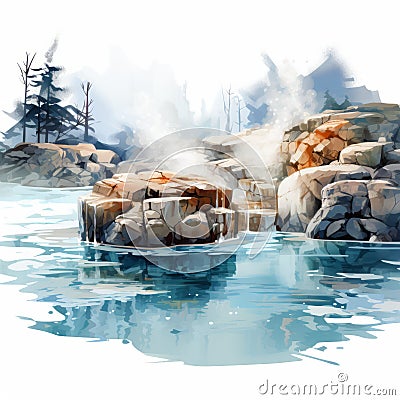 Smokey Watercolor Illustration Of A Serene Waterfall Landscape Cartoon Illustration