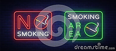 Smoking area and no smoking vector neon signs. Neon symbol, Vector Illustration