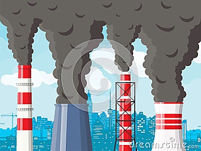 Smoking factory pipe against cityscape clear sky. Vector Illustration