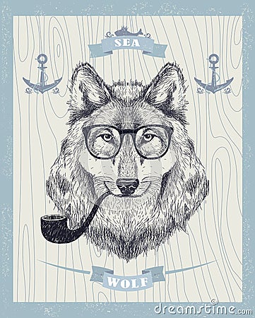 Smoking hipster wolf with sunglasses and tobacco pipe. Vector Illustration